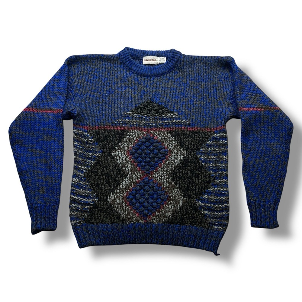 Vintage McGregor Blue Chunky Knit Sweater Aztec Mens Large 80s 90s USA Made
